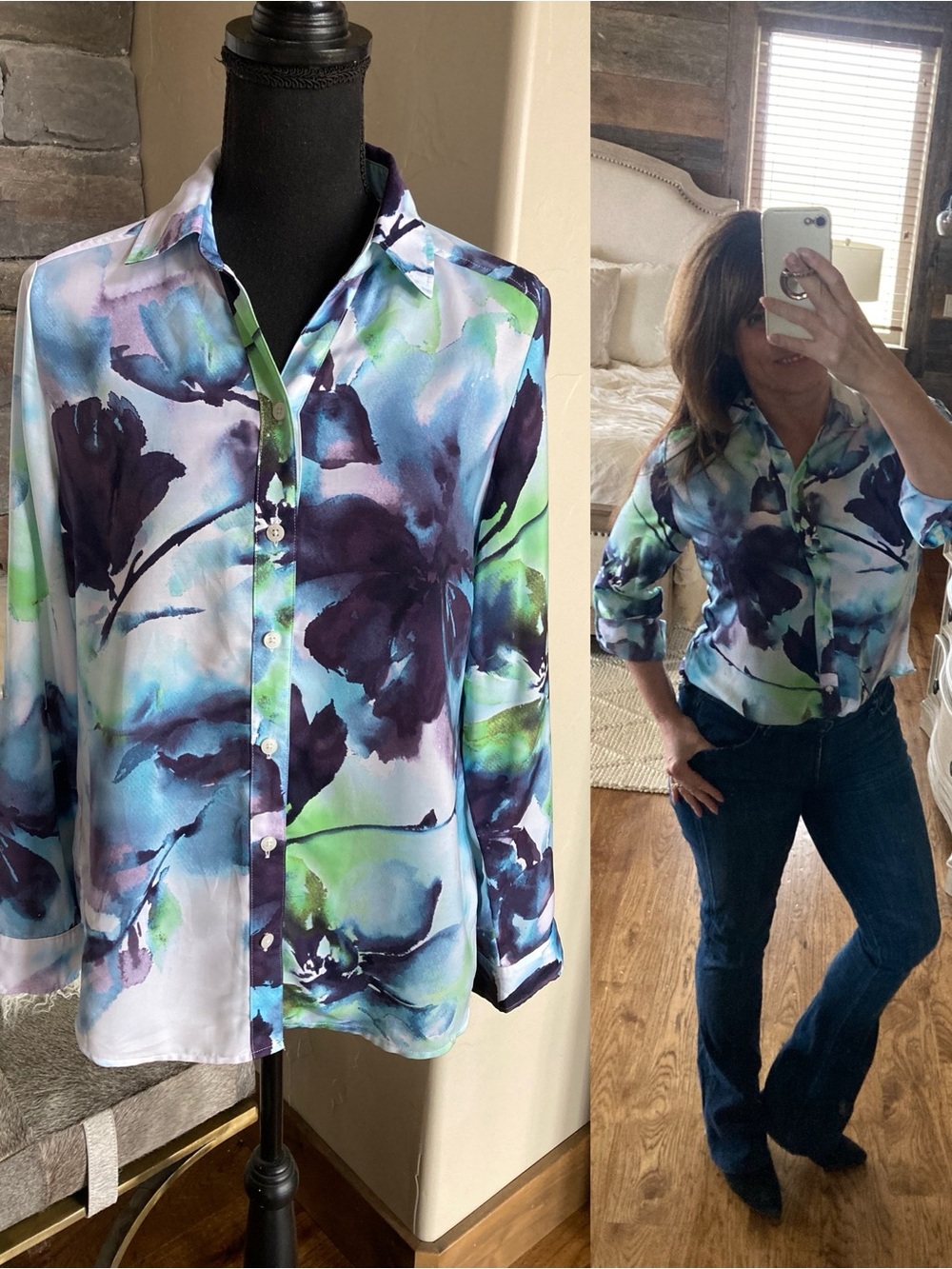 Chico’s Watercolor Painted Passion Sofia Roll-Tab Sleeve Button-Up Shirt Size S